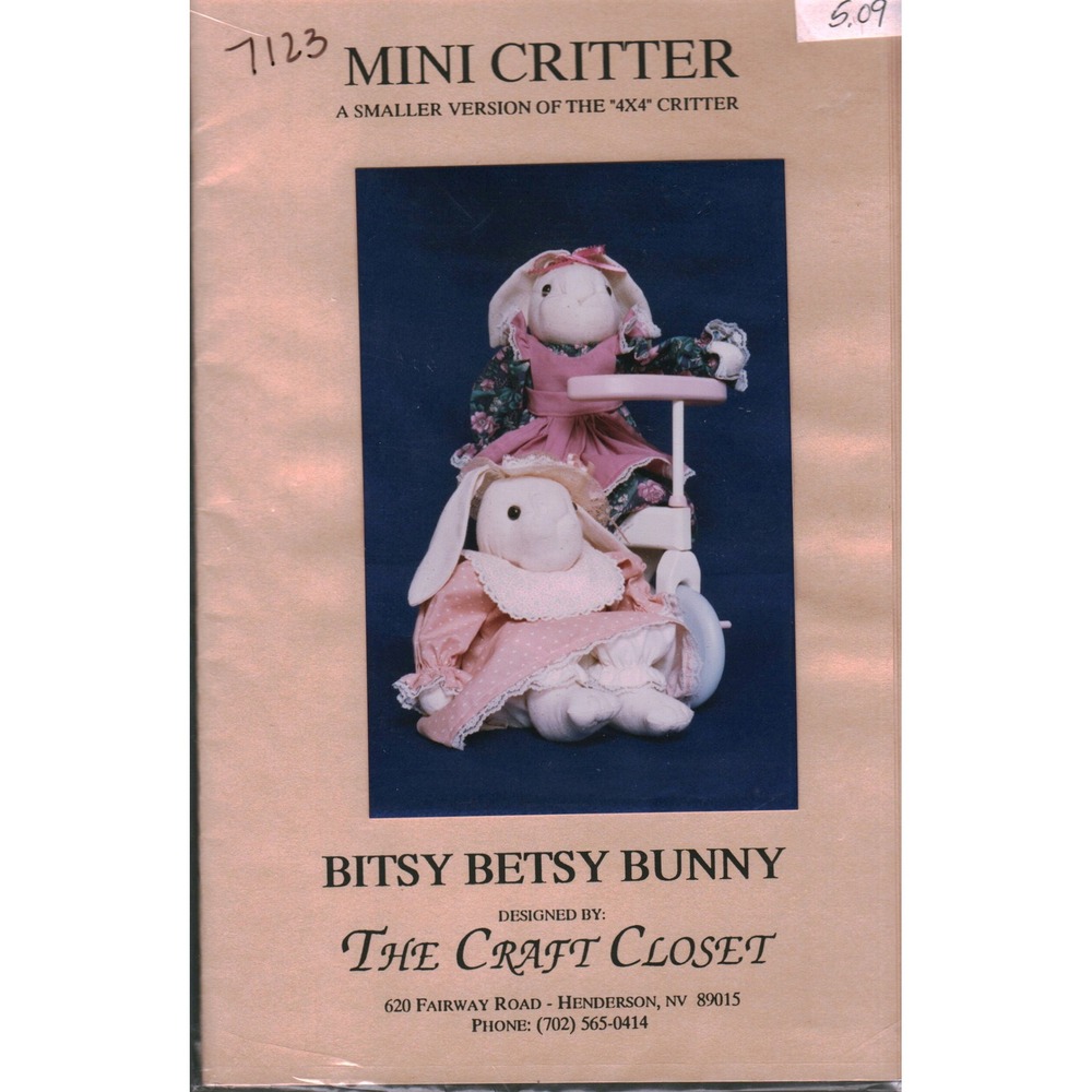 The Craft Closet Bitsy Betsy Bunny Mini Critter Sewing Pattern 303 Vintage 1990